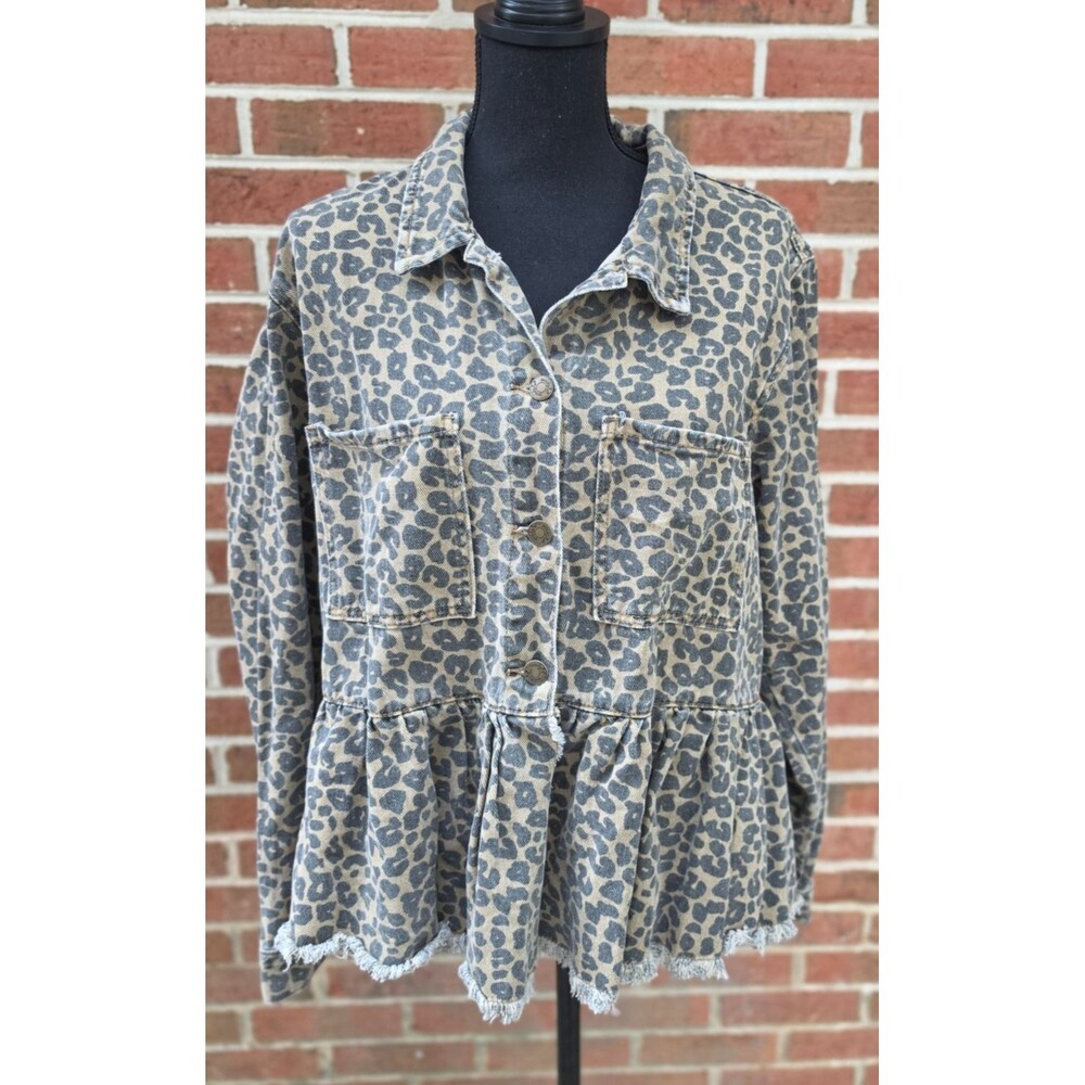 Mud Pie Banks Leopard Print Peplum Denim Jacket Women’s XL Raw Hem
